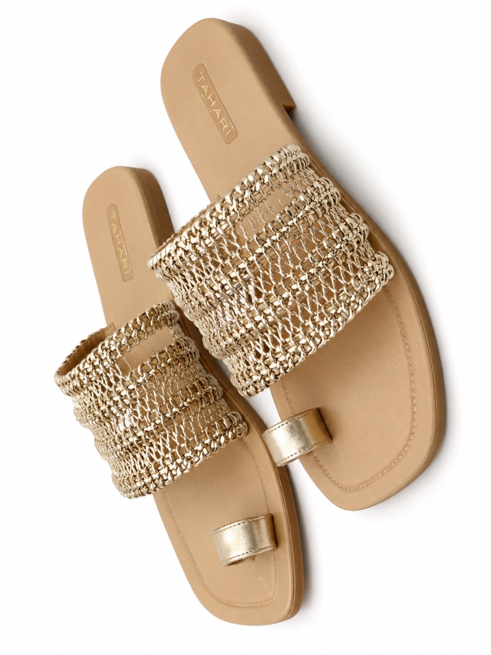 Tahari Gold Woven Toe Ring Sandals Size 5.5 - Picture 2 of 2